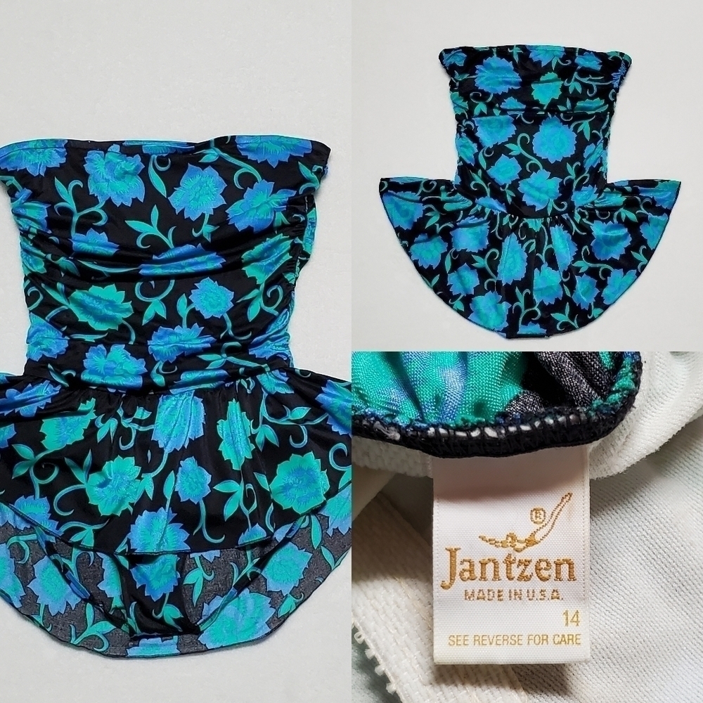 VINTAGE Jantzen Neon Blue Floral Strapless Ruffle Layered Maillot Swimsuit 14